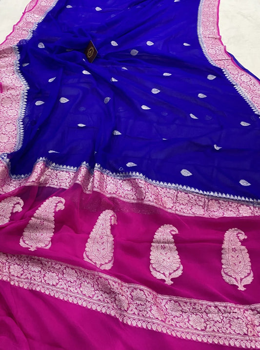 BLUE KHADDI CHIFFON BANARASI HANDLOOM SAREE