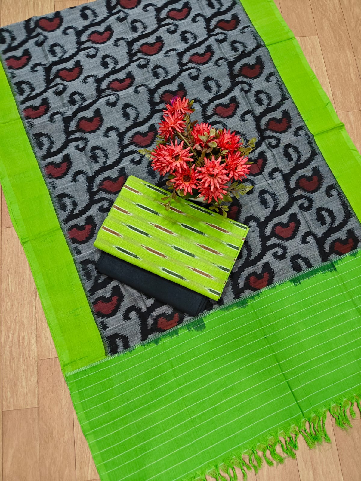 Beautiful Pure Cotton Double Ikkat Unstitched Suit.
