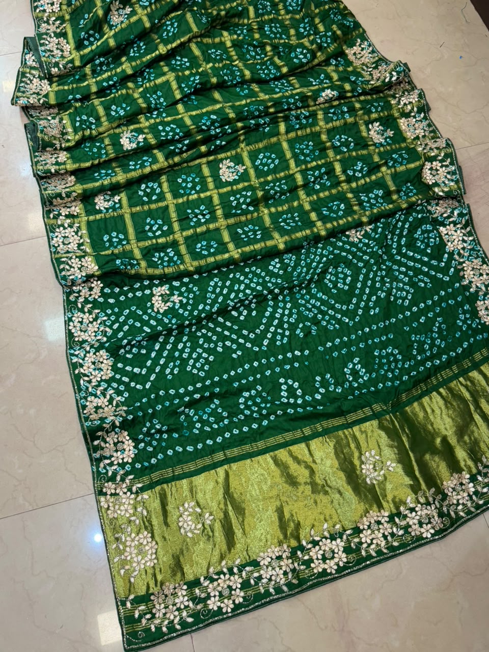 Pure Modal Gajji Silk Bandhej Hand work Gota Patti Work Saree.