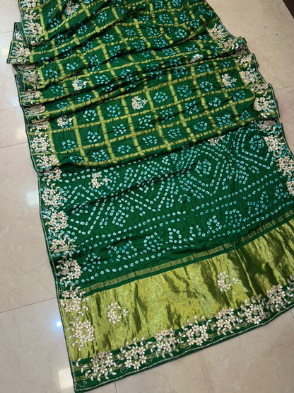Pure Modal Gajji Silk Bandhej Hand work Gota Patti Work Saree.