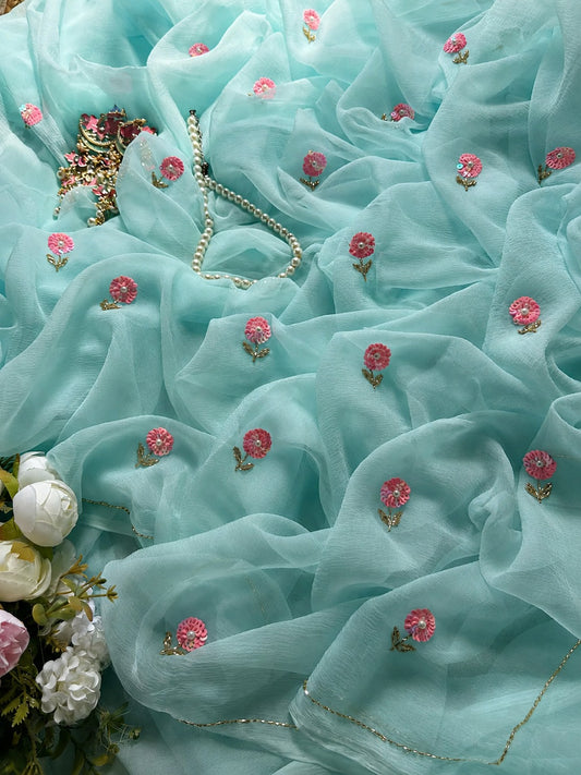 Icy Blue Petunia Chiffon Saree.