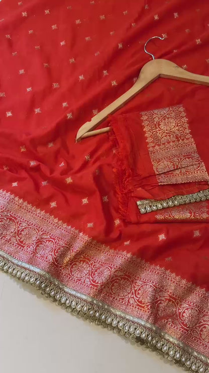 Handloom Banarasi Khaddi Katan Soft Silk Saree With Pearls lace Work Border