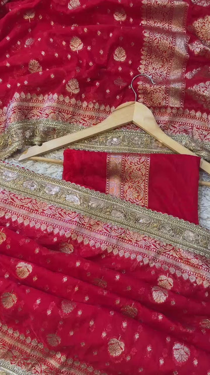 Handloom Banarasi Khaddi Katan Soft Silk Saree With Pearls lace Work Border