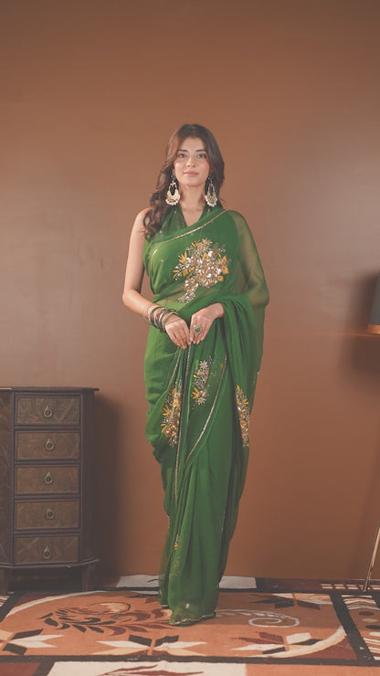 Pure Diamond Chiffon Catdana Hand Work Saree.