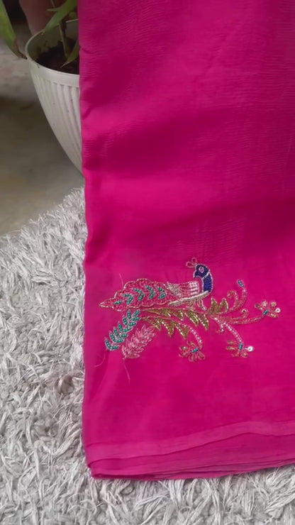PINK COLOUR PURE CHIFFON SAREE EMBELLISHED WITH BEADS & ZARDOZI WORK