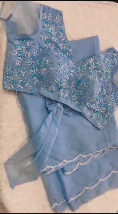 Sky Blue Color Designer Pure Organza Hand Work Saree