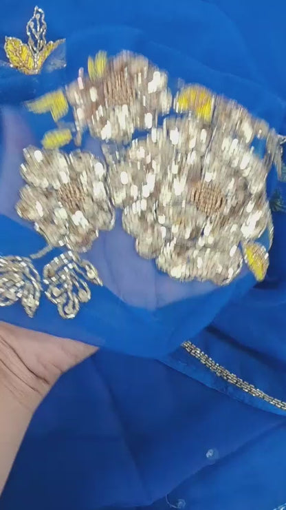 Pure Diamond Chiffon Catdana Hand Work Saree.