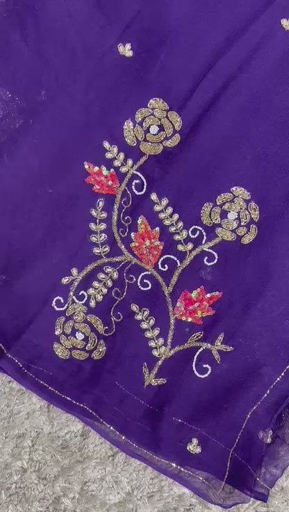 BEAUTIFUL HANDCRAFTED ZARI AND GOTA EMBROIDERY WORK DIAMOND CHIFFON SAREE (Copy)