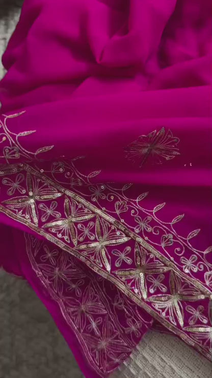 Rani Color Pure Diamond Chiffon sequence Hand Work Saree.