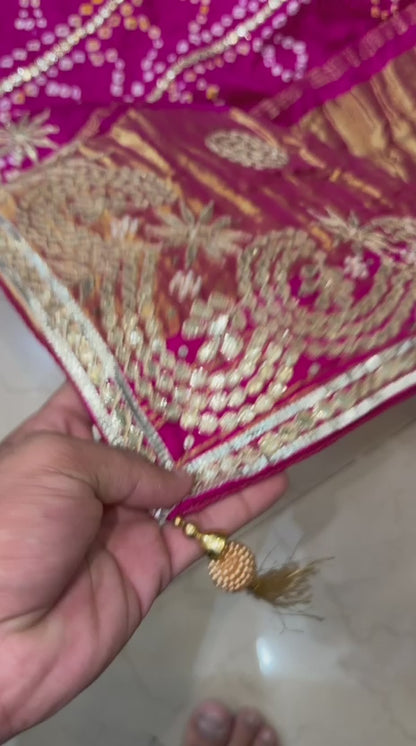 Pure Modal Gajji Silk Bandhej Hand work Gota Patti Work Saree.