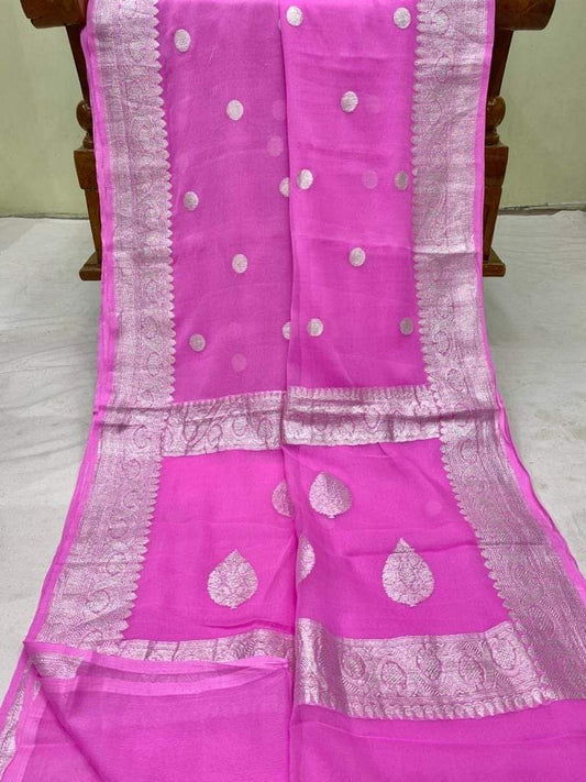 Pure Handloom Khaddi Chiffon Georgette Saree With Silver Zari Weaving Blouse  ( length- 6.3 meter )