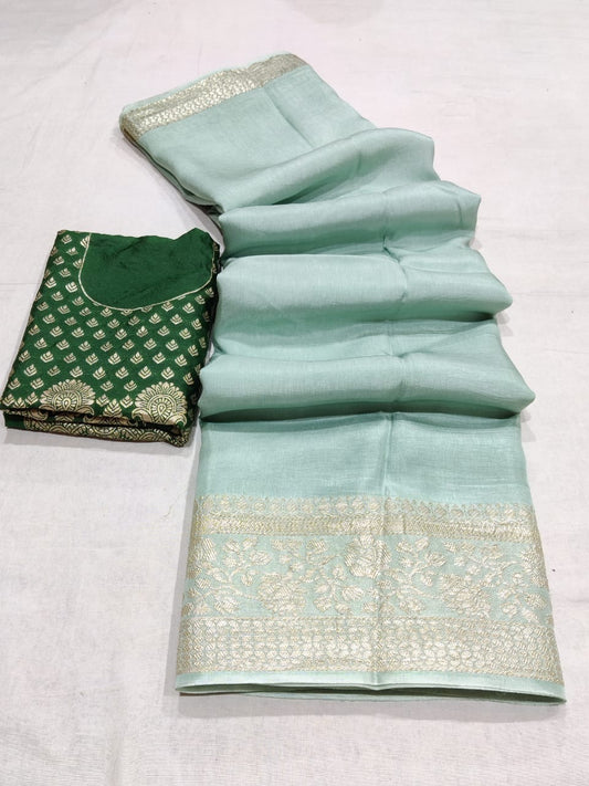 Pure Russian Dola Silk beautiful All over Zari Boder chit Pallu Weaving Saree