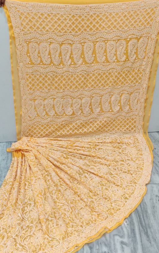 Pure Chiffon Georgette Full Jaal Chikankari Saree With Heavy Hand Work Embroidery WIth Blouse