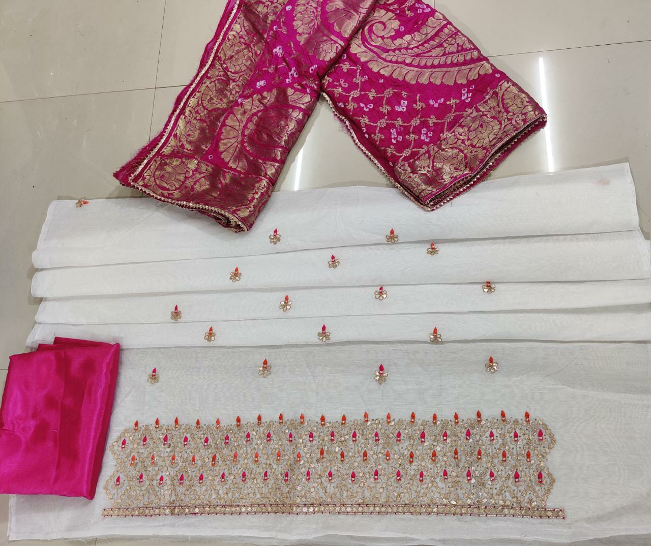 Pure Uppada Silk Hand Gota Patti Suit With Pure Banarasi Silk Zari Dupatta(Without Bottom)