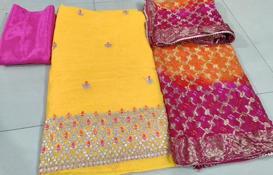 Pure Uppada Silk Hand Gota Patti Suit With Pure Banarasi Silk Zari Dupatta(Without Bottom)