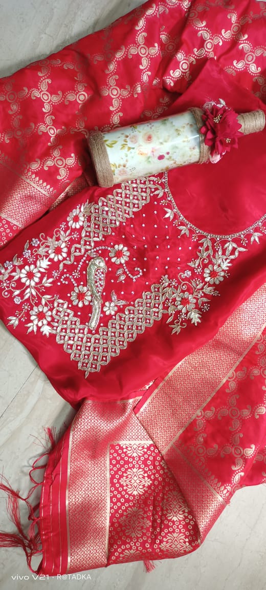 Pure Uppada Silk Hand Gota Patti Suit With Pure Banarasi Silk Zari Dupatta(Without Bottom)