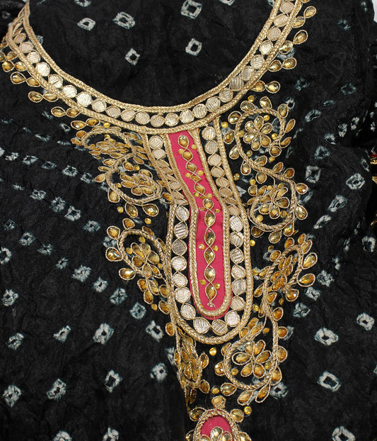 Bandhej Cotton Gota Patti Unsititched Suit. With Kundan Work