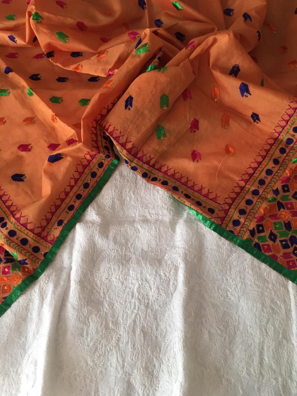 Pure Cotton Chikankari Work Unstitched Suit With Phulkari Dupatta (Without Bottom )