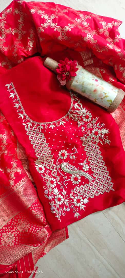 Pure Uppada Silk Hand Gota Patti Suit With Pure Banarasi Silk Zari Dupatta(Without Bottom)