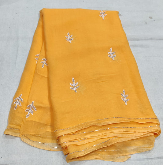 Yellow Pure Chiffon Handwork Saree