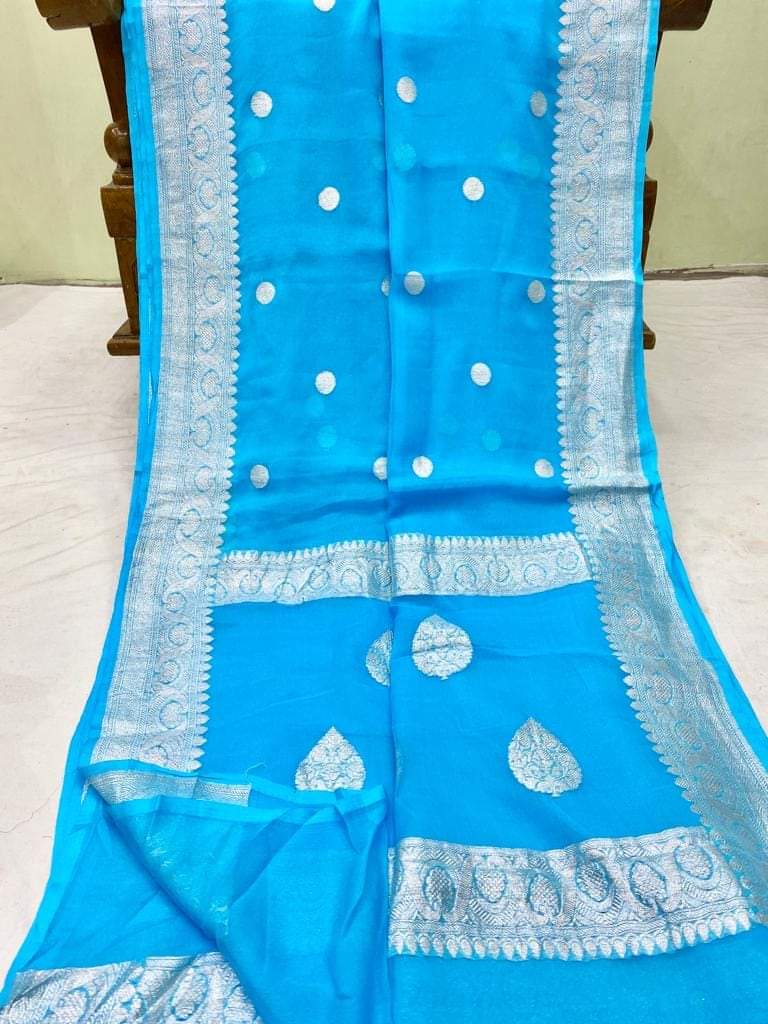 Pure Handloom Khaddi Chiffon Georgette Saree With Silver Zari Weaving Blouse  ( length- 6.3 meter )