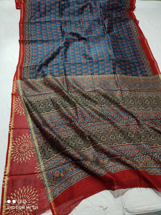 PURE CHANDERI SILK SAREE WITH AZRAK & PATOLA PRINT WITH BLOUSE