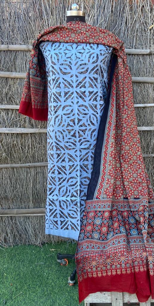 Pure Cotton Azrak Hand Work Unstitched Suits With Azrak Dupatta( Without Bottom)