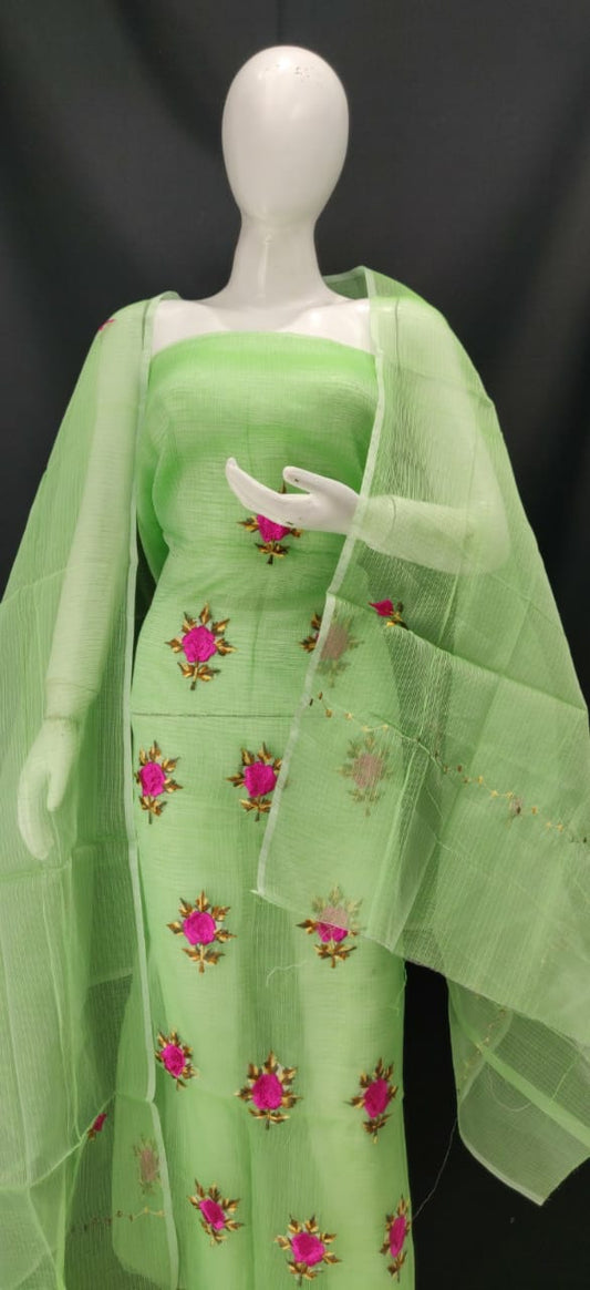 Kota Doriya Embroidery Boota Work Unstitched Suits With Kota Embroidery Work Dupatta