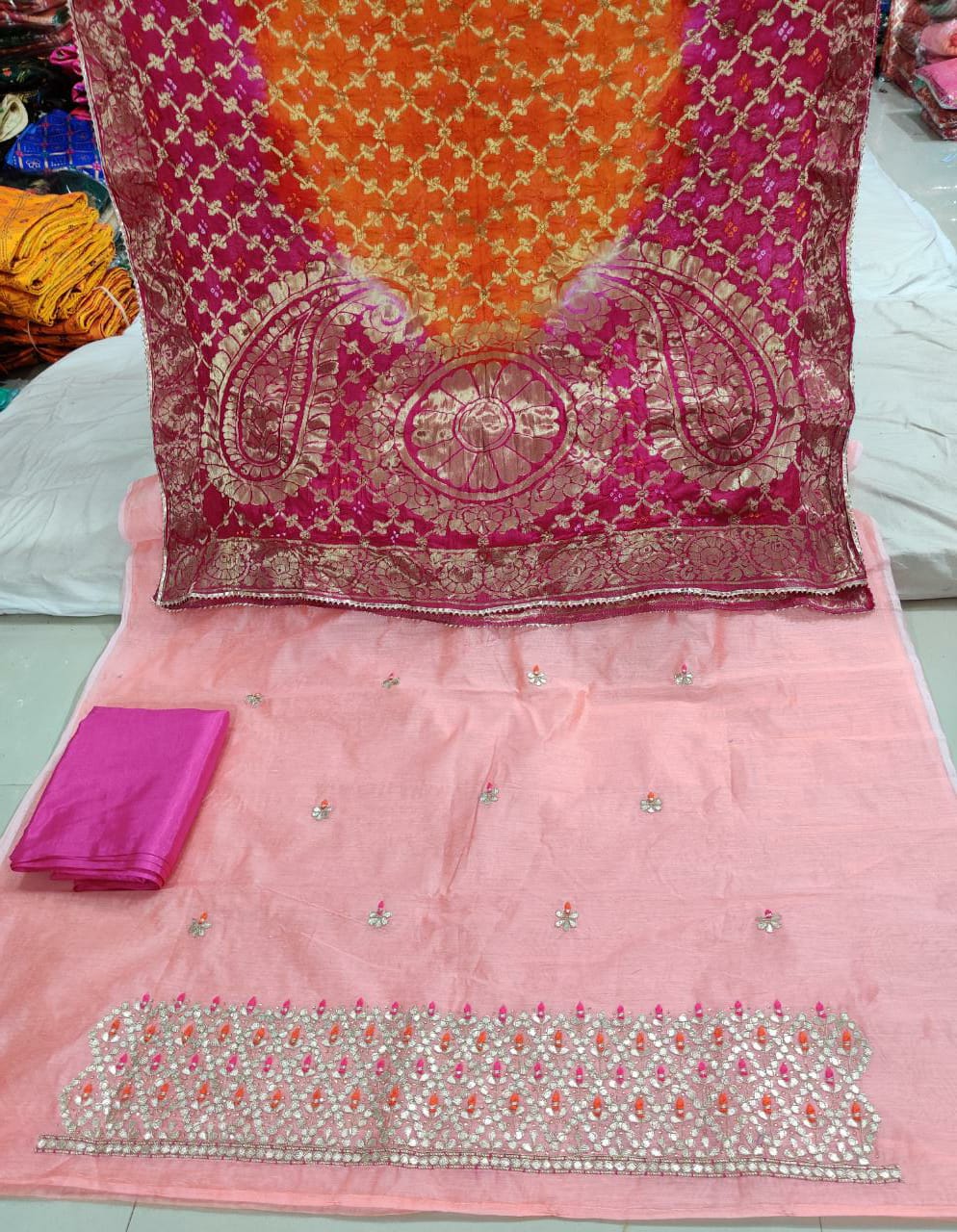 Pure Uppada Silk Hand Gota Patti Suit With Pure Banarasi Silk Zari Dupatta(Without Bottom)