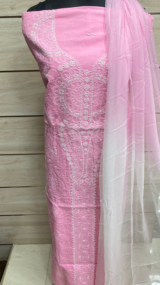 Cotton unstitched Kurta Suit With Chiffon Chikankari Duppata Hand Embroidery