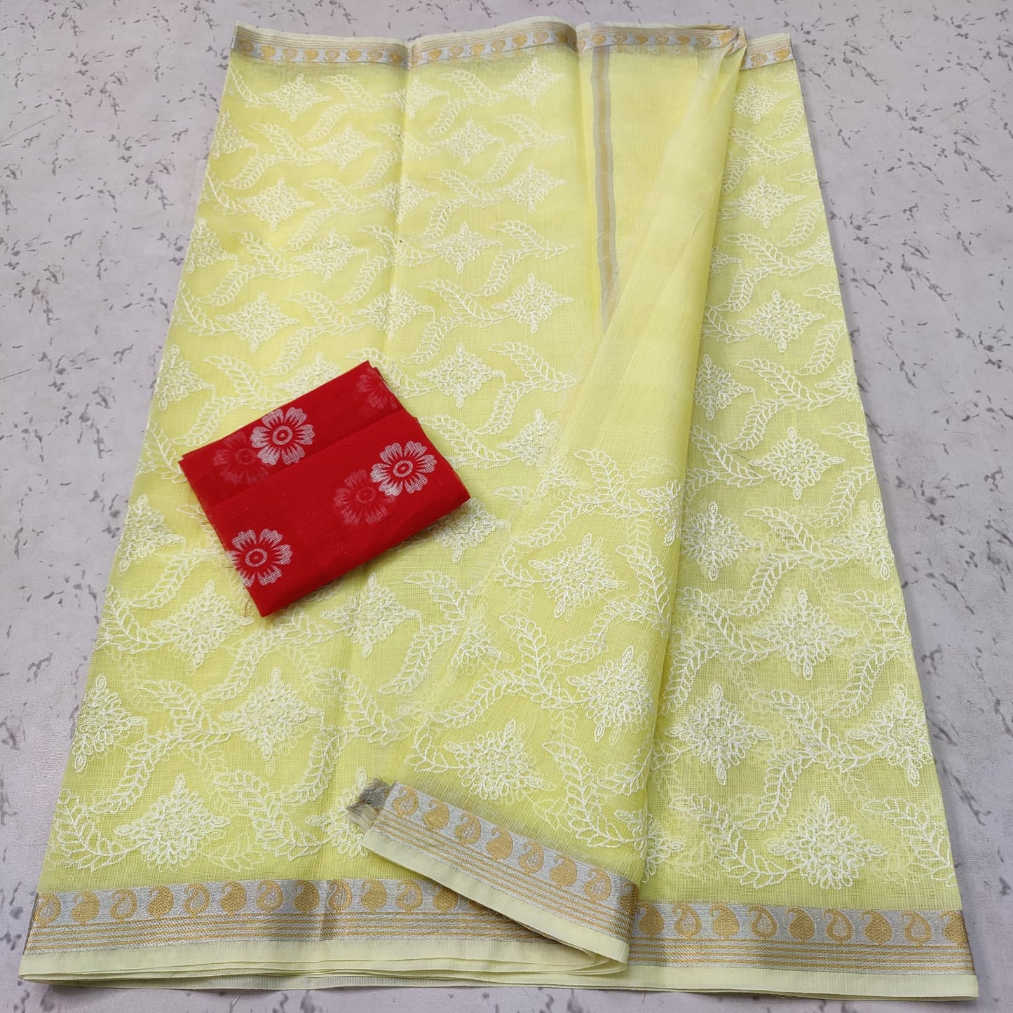 Pure Cotton Kota Doriya Embroidery Work Saree With Contrast Blouse