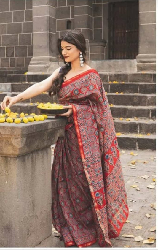 PURE CHANDERI SILK SAREE WITH AZRAK & PATOLA PRINT WITH BLOUSE