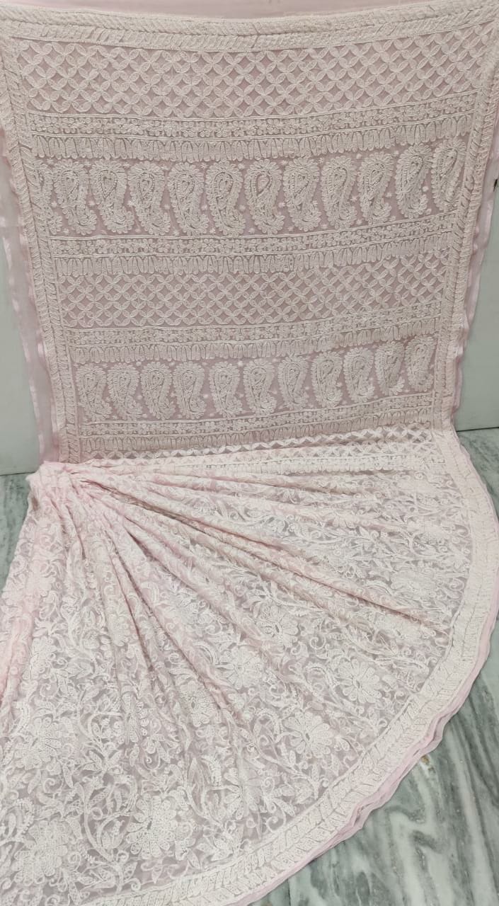 Pure Chiffon Georgette Full Jaal Chikankari Saree With Heavy Hand Work Embroidery WIth Blouse