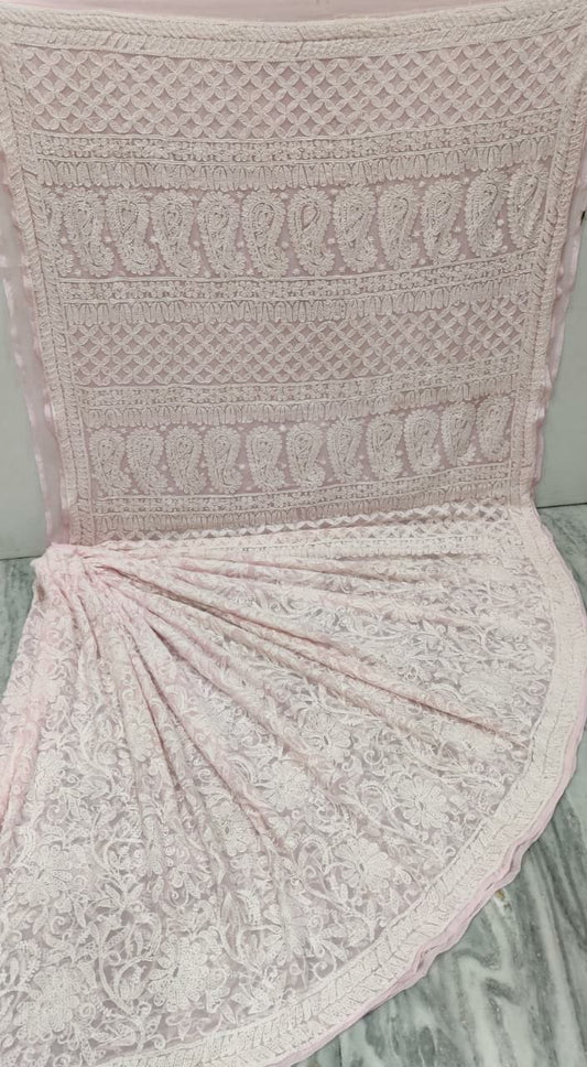 Pure Chiffon Georgette Full Jaal Chikankari Saree With Heavy Hand Work Embroidery WIth Blouse