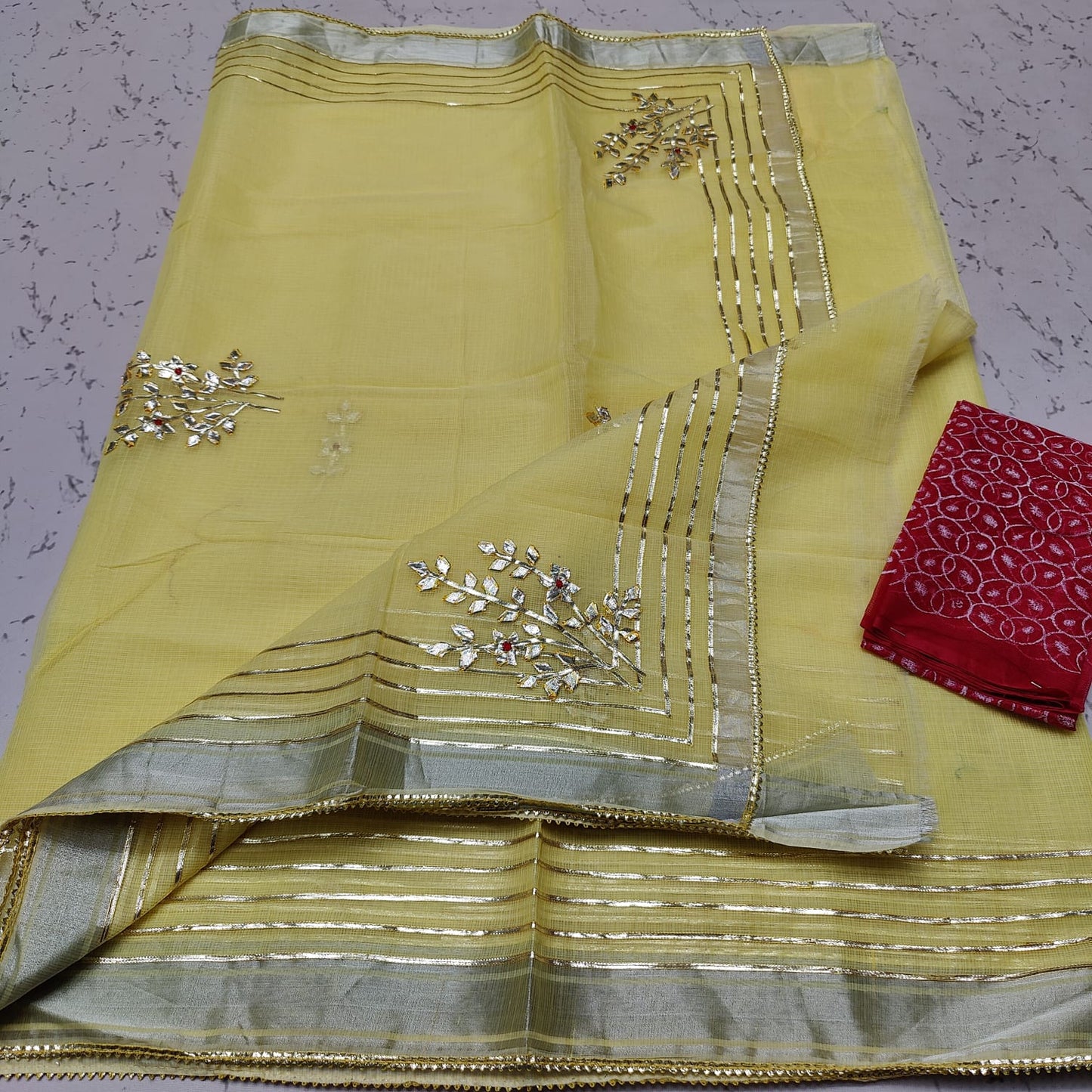 Pure Cotton Kota Doriya Gota Patti Work Saree With Blouse