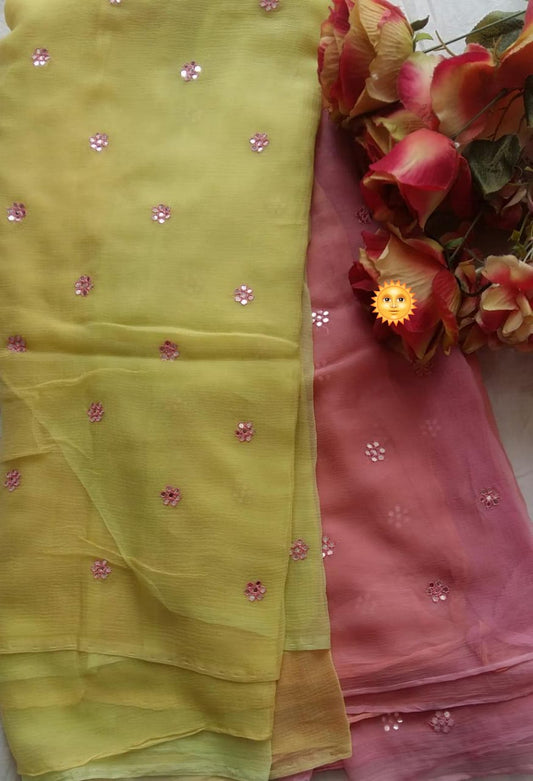 Pure Dimond Chiffon Multi Diying With Mirorr  Work Saree With  Blouse