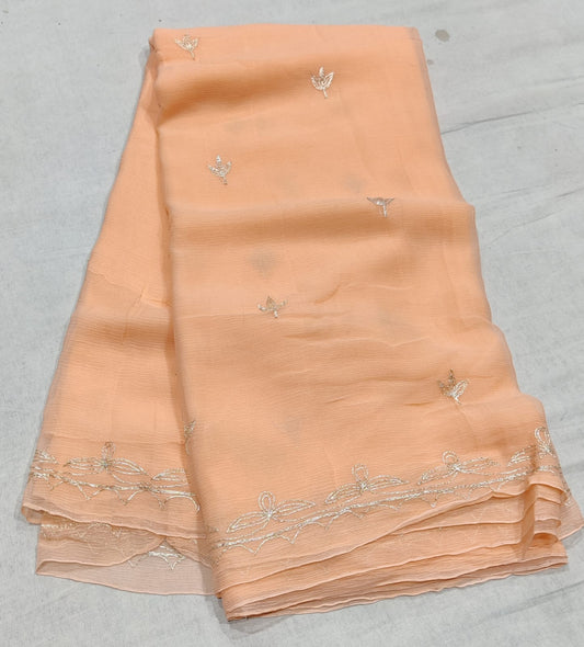 Light Peach Pure Chiffon Handwork Saree