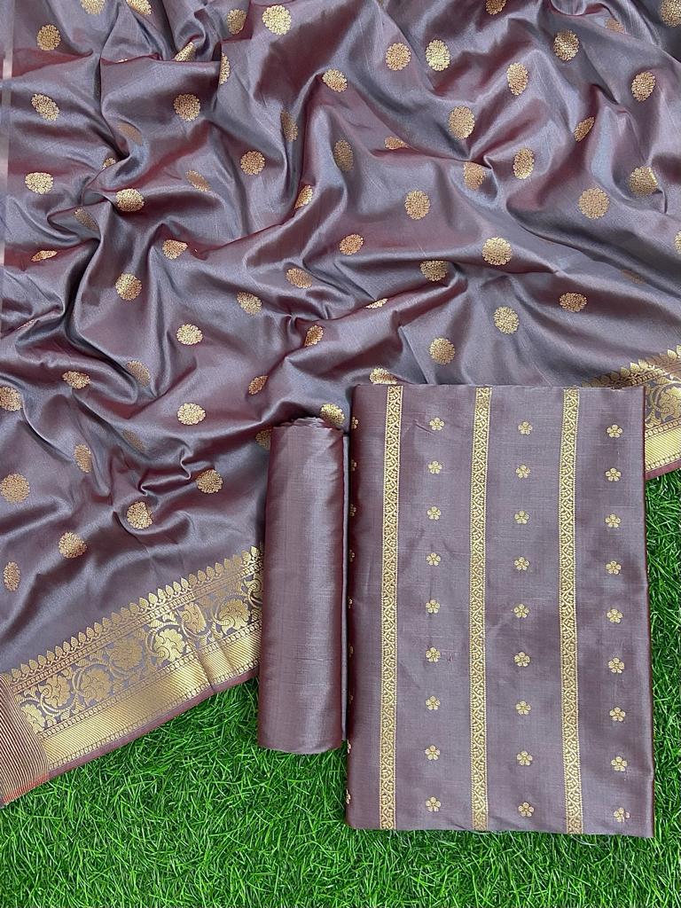 Pure Banarasi Silk Jacquard Zari Stripes Booti Suit With Dupatta