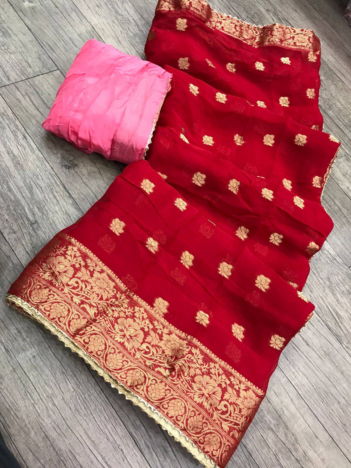 Pure Organza Silk Beautiful Gota Less Saree With Contrast Blouse