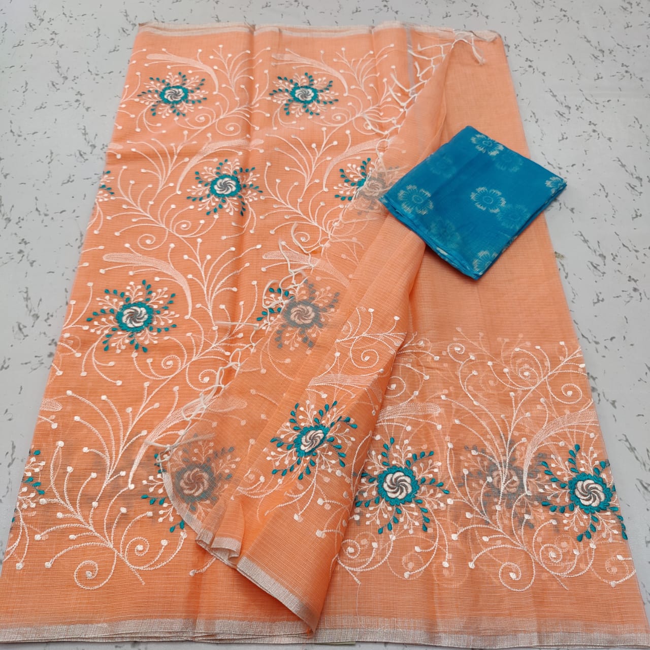 Pure Cotton Kota Doriya Embroidery Saree With Blouse