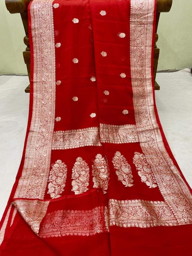 Pure Handloom Khaddi Chiffon Georgette Saree With Silver Zari Weaving Blouse  ( length- 6.3 meter )