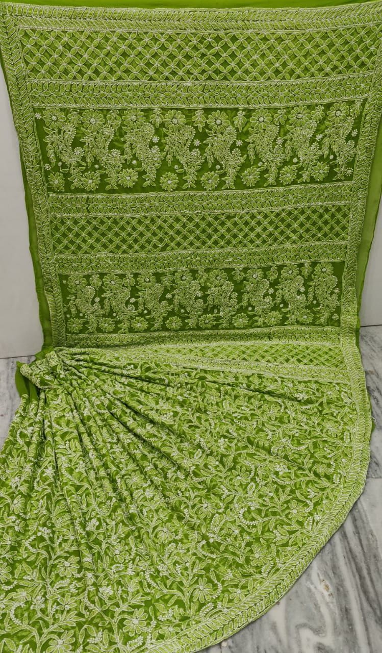 Pure Chiffon Georgette Full Jaal Chikankari Saree With Heavy Hand Work Embroidery WIth Blouse