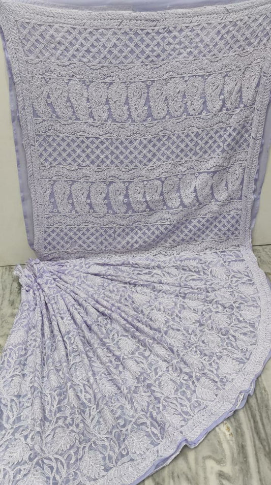 Pure Chiffon Georgette Full Jaal Chikankari Saree With Heavy Hand Work Embroidery WIth Blouse