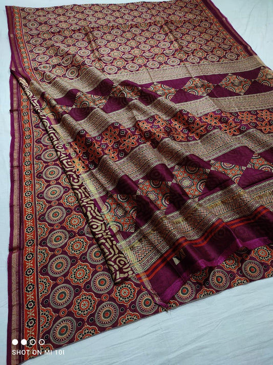 PURE CHANDERI SILK SAREE WITH AZRAK & PATOLA PRINT WITH BLOUSE