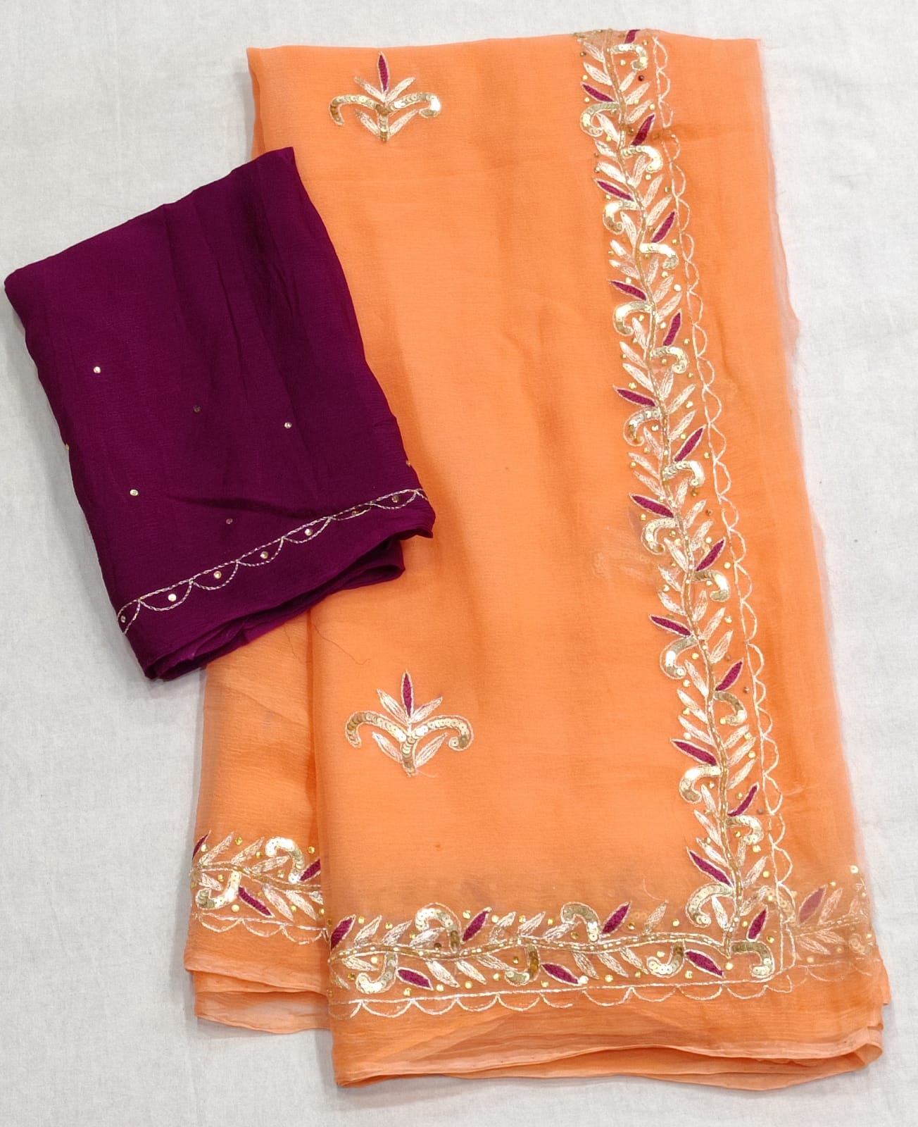 Pure Dimond Chiffon Rajputi ksb Work Saree With Contrast Work Blouse