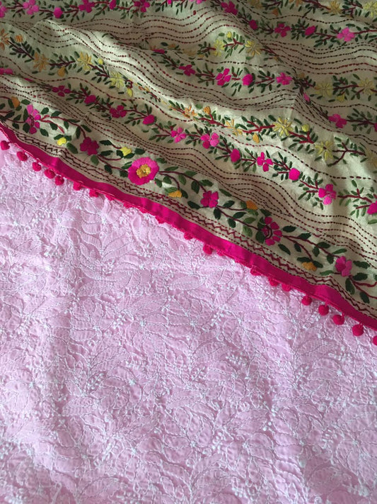 Pure Cotton Chikankari Work Unstitched Suit With Phulkari Dupatta (Without Bottom )