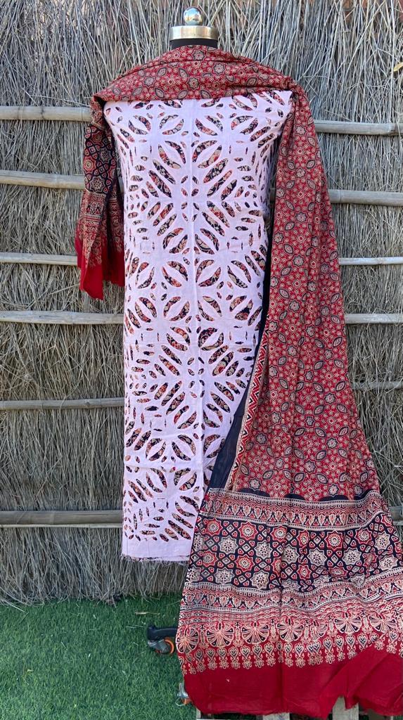 Pure Cotton Azrak Hand Work Unstitched Suits With Ajrakh Dupatta( Without Bottom)