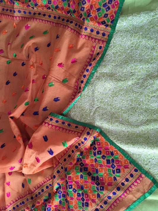 Pure Cotton Chikankari Work Unstitched Suit With Phulkari Dupatta (Without Bottom )