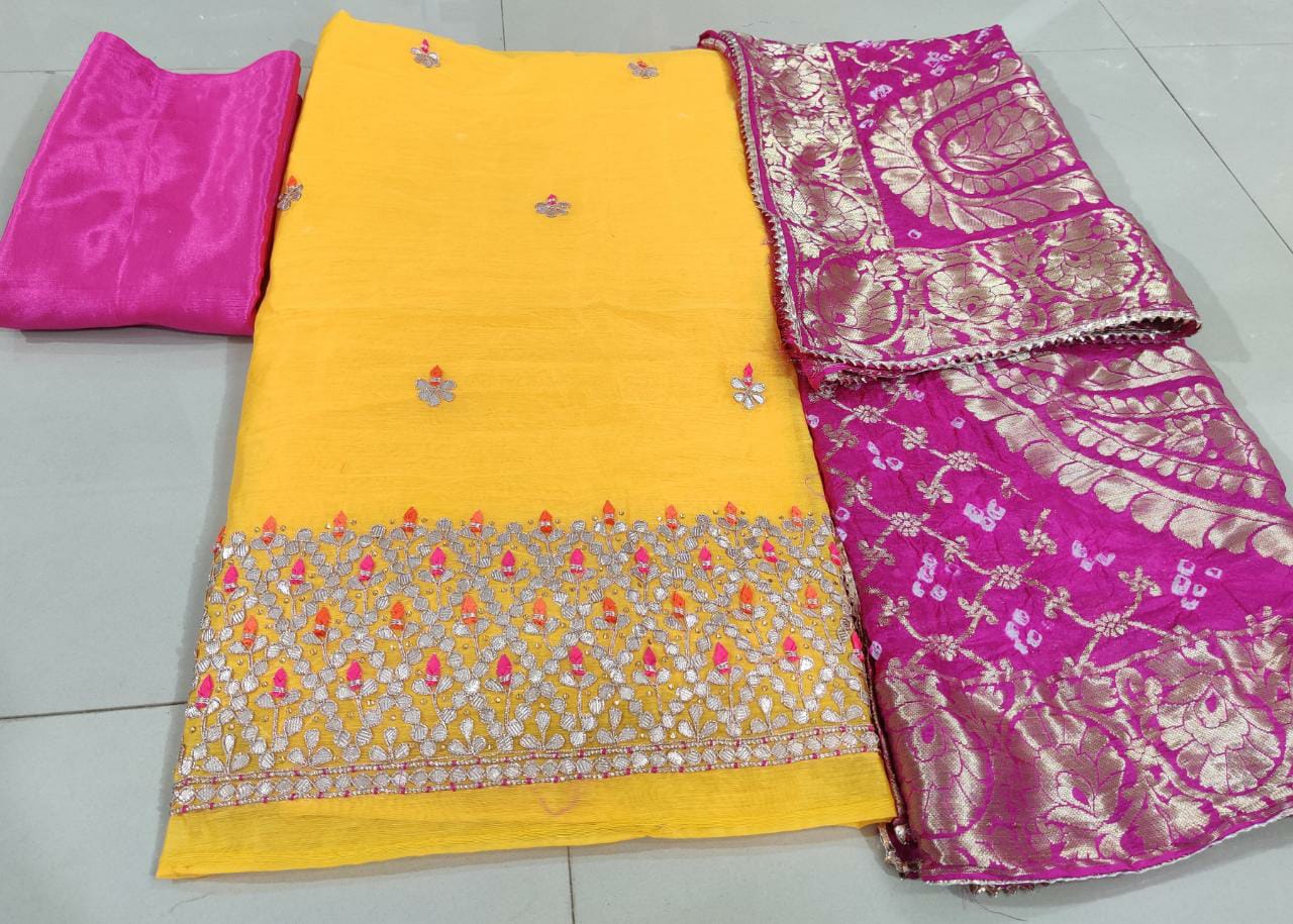 Pure Uppada Silk Hand Gota Patti Suit With Pure Banarasi Silk Zari Dupatta(Without Bottom)