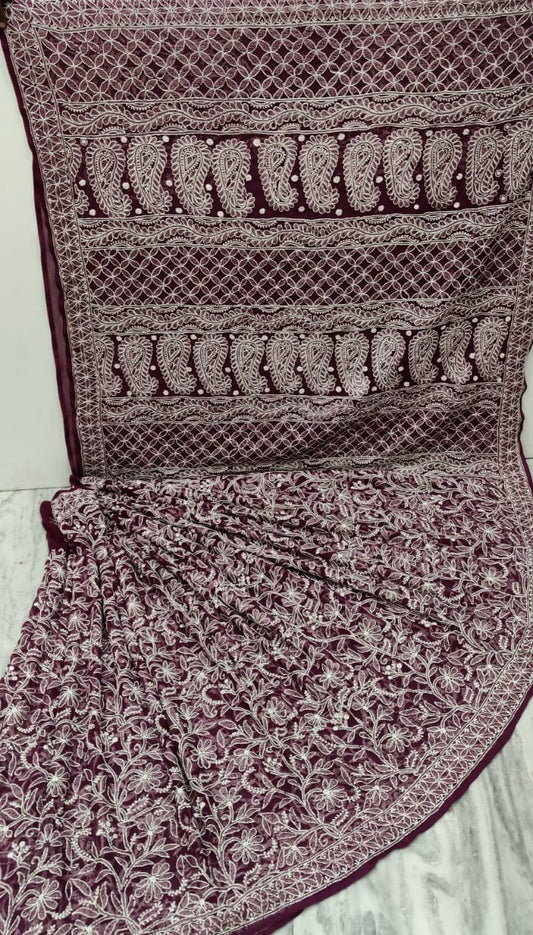 Pure Chiffon Georgette Full Jaal Chikankari Saree With Heavy Hand Work Embroidery WIth Blouse